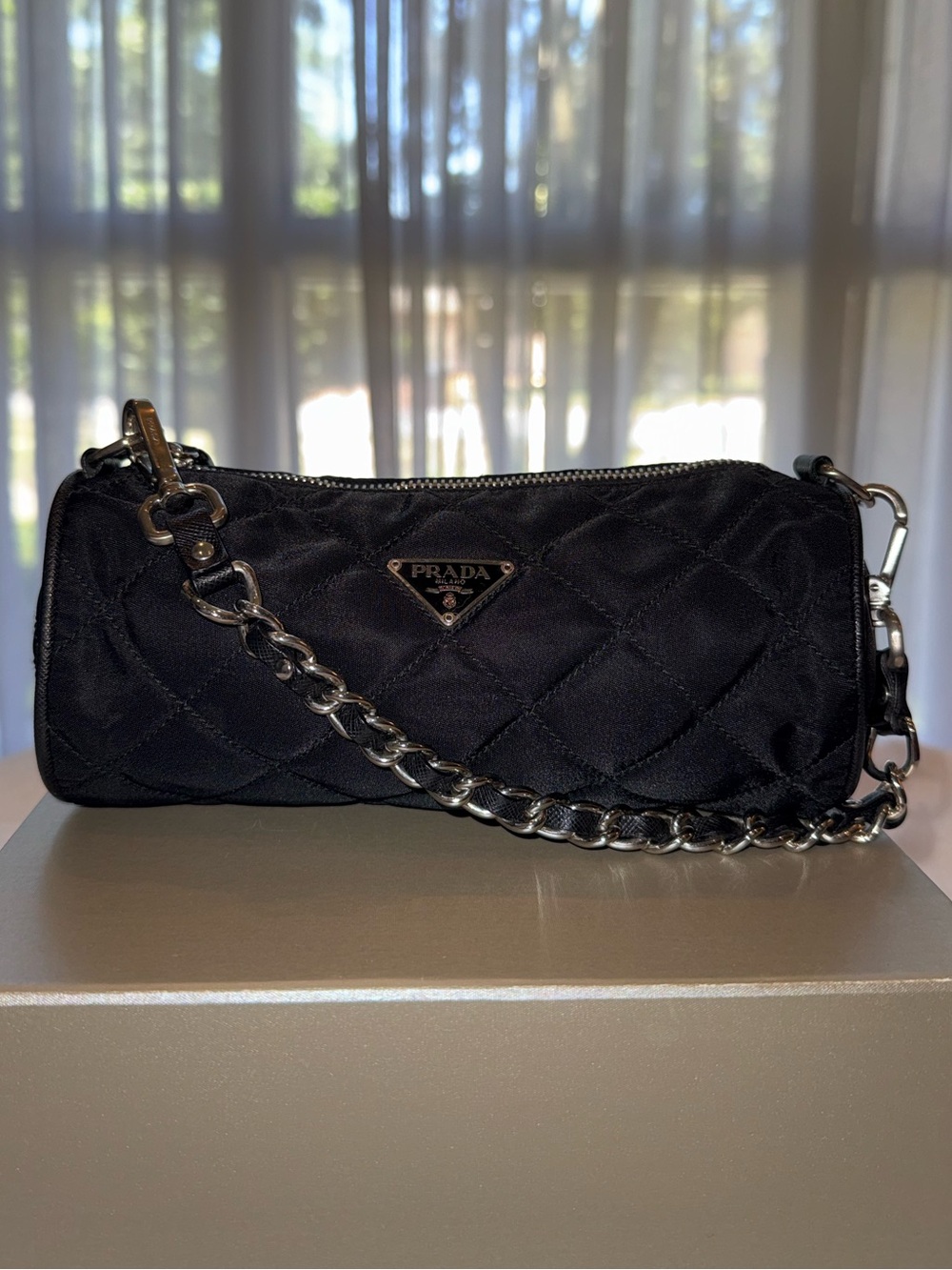 Prada Black Quilted Mini Barrel Bag with Silver Chain - Picture 4 of 16